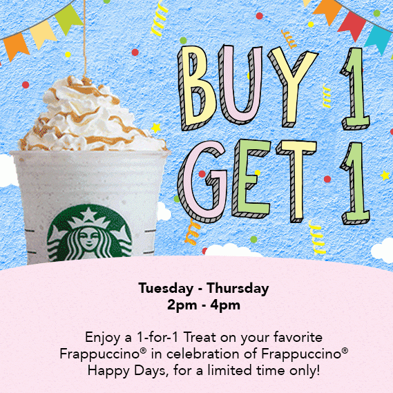 Starbucks Buy 1 Get 1 2 to 4pm 17 to 19 May 2016
