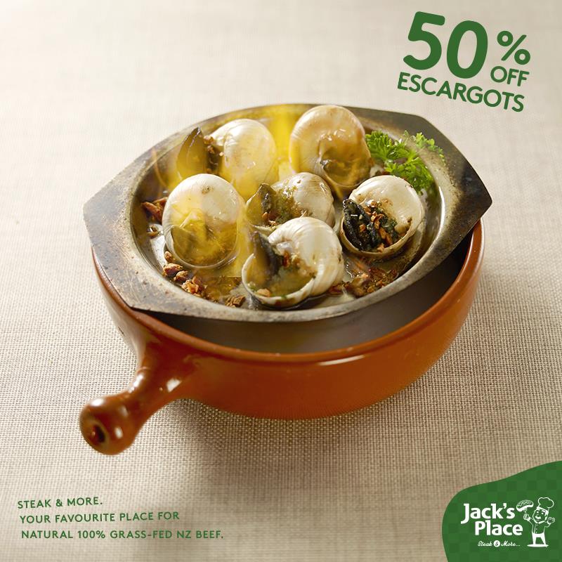 Jack’s Place Singapore Promotion 50% Off Escargots ends 29 Jul 2016