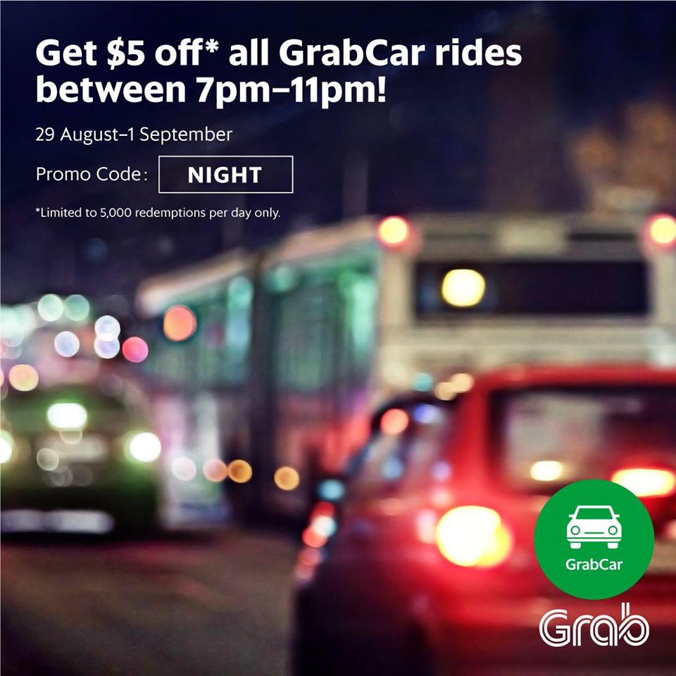 Grab Singapore $5 Off GrabCar Rides From 7pm to 11pm Promotion 29 Aug to 1 Sep 2016