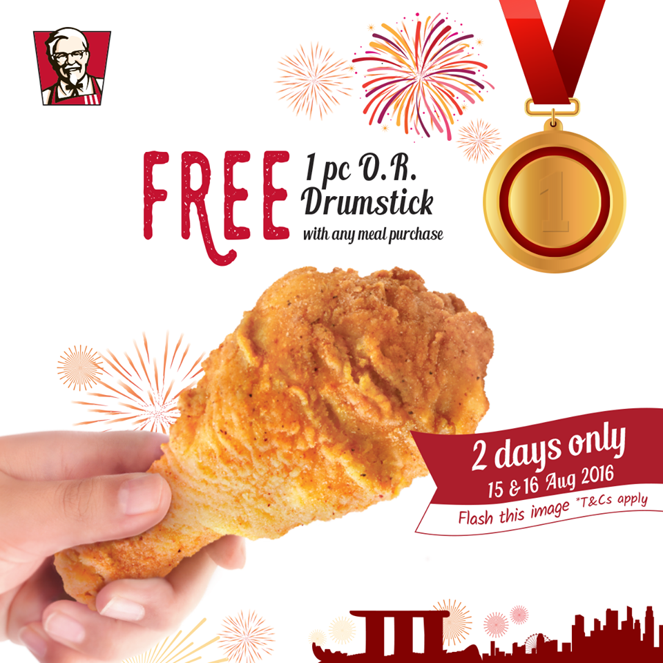 KFC Singapore FREE 1pc Original Drumstick Promotion 15 to 16 Aug 2016