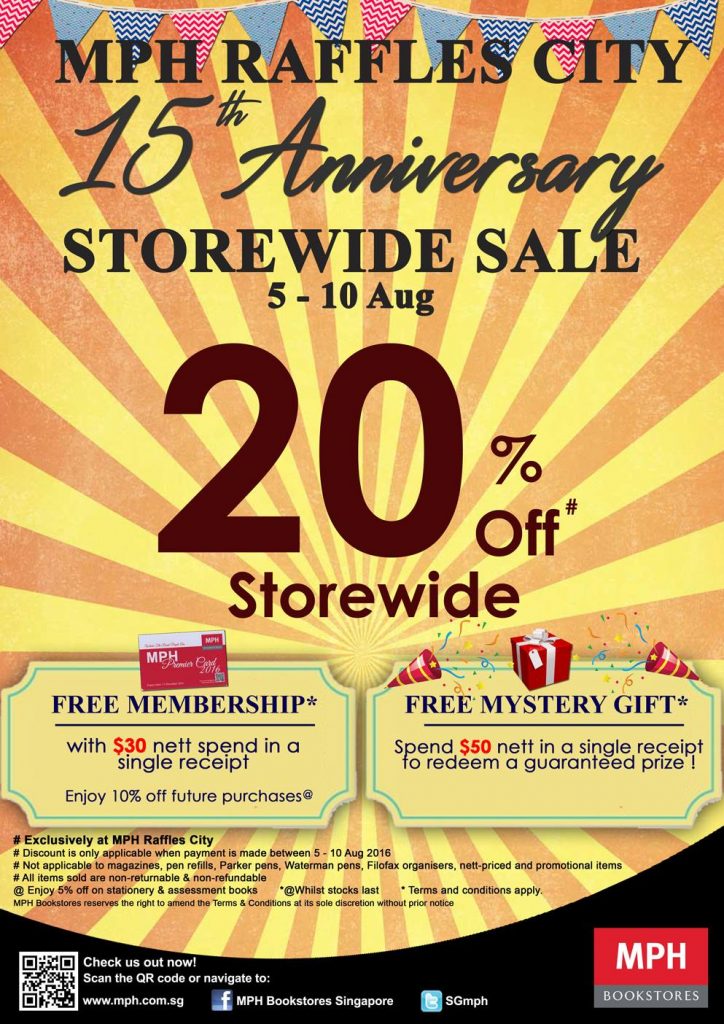 MPH Bookstores Singapore 15th Anniversary Promotion 5 to 10 Aug 2016 | Why Not Deals