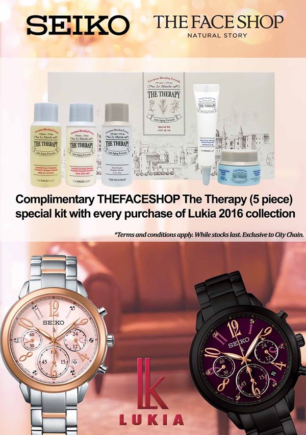 Seiko Singapore Purchase Lukia 2016 Collection & Get FREE THEFACESHOP The Therapy 1 to 31 Aug 2016 | Why Not Deals