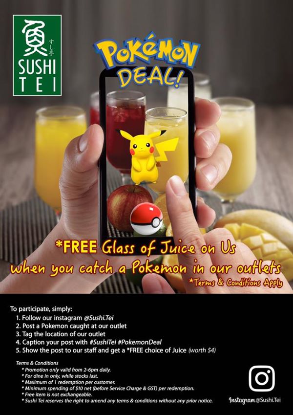 Sushi Tei Pokemon Go Catch a Pokemon & Get FREE Glass of Juice Singapore Promotion | Why Not Deals