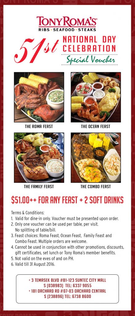 Tony Roma's Singapore National Day Promotion ends 31 Aug 2016 | Why Not Deals