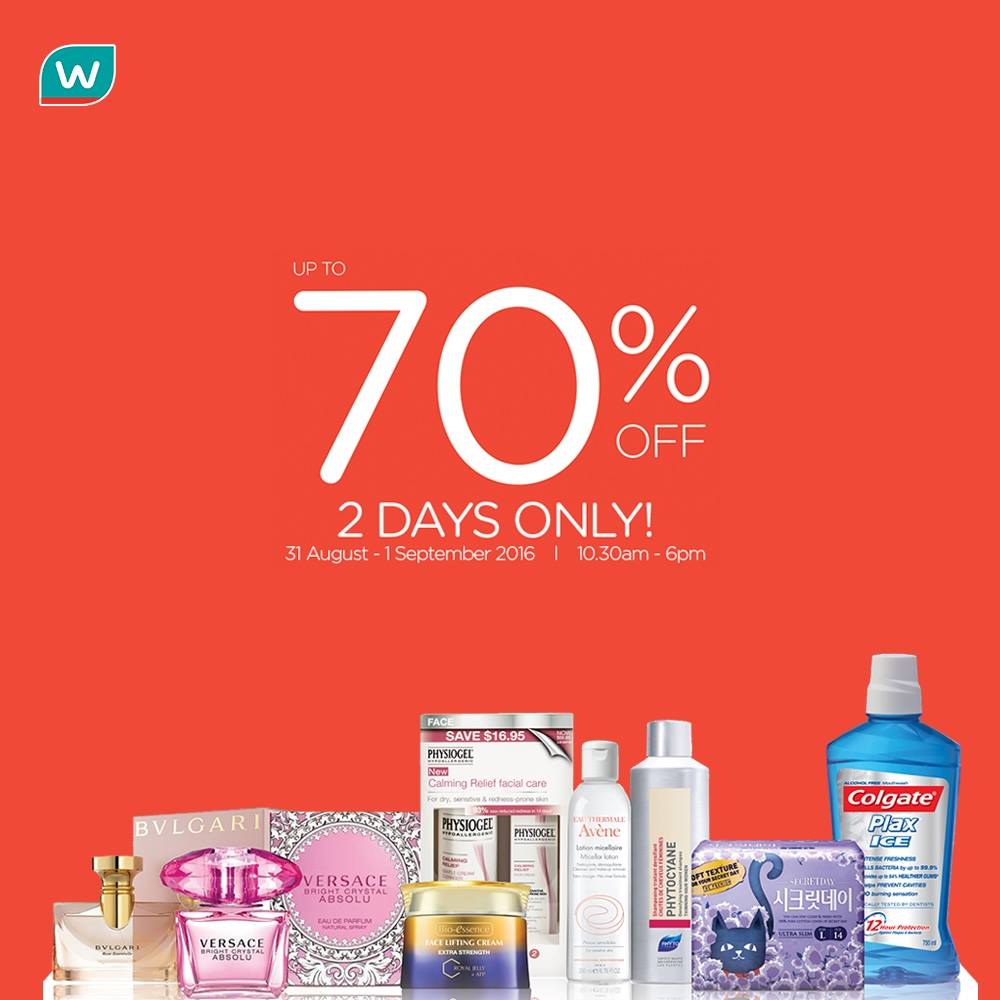 Watsons Singapore 2 DAYS ONLY SALE Up to 70% Promotion 31 Aug to 1 Sep 2016