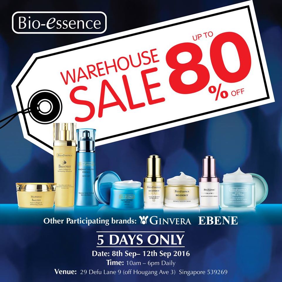 Bio-essence Singapore Warehouse Sale Up to 80% Off Promotion 8 to 12 Sep 2016