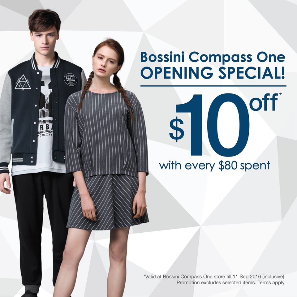 Bossini Singapore Compass One Opening Special $10 Off Promotion 1 to 11 Sep 2016