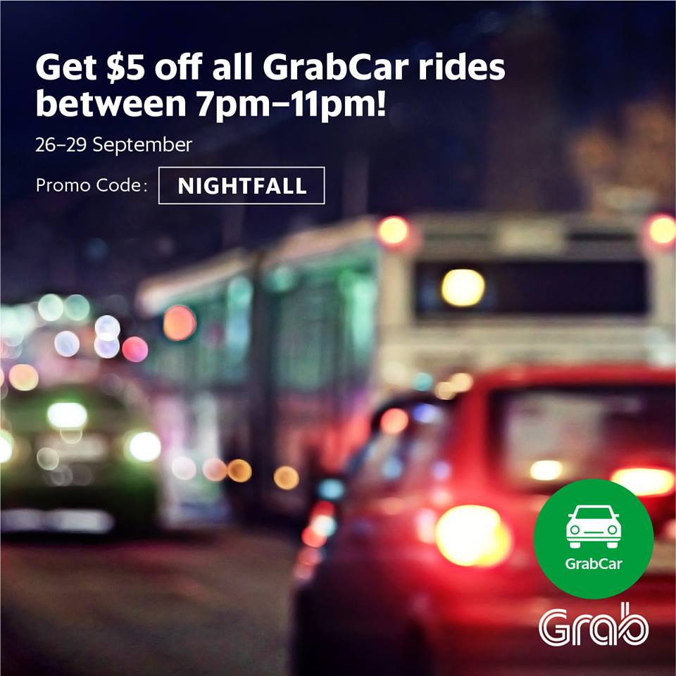 Grab Singapore $5 Off All GrabCar Rides Promotion From 7pm-11pm 26-29 Sep 2016