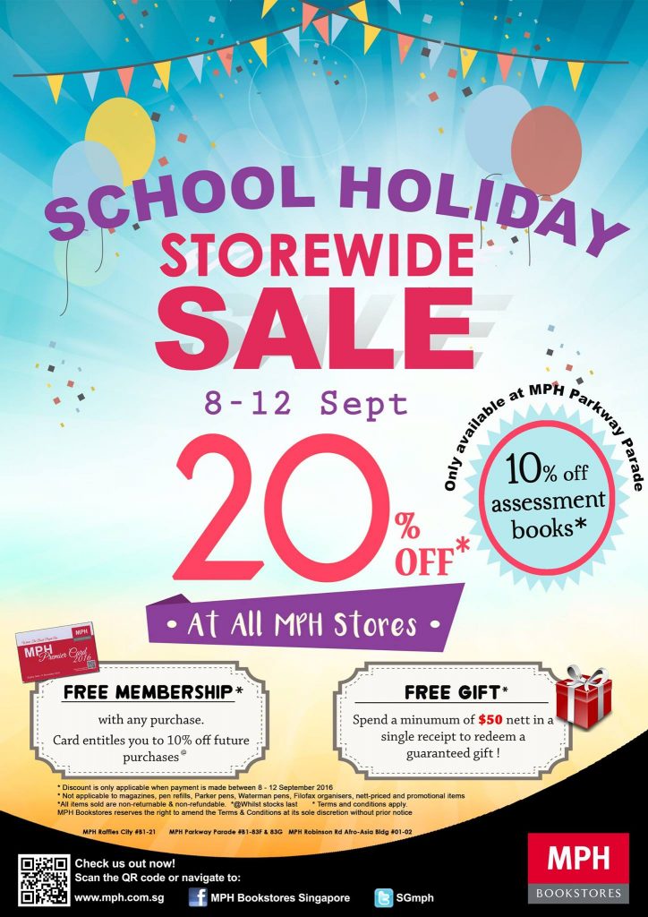MPH Bookstores Singapore School Holiday Storewide Sale 20% Off Promotion 8 to 12 Sep 2016 | Why Not Deals