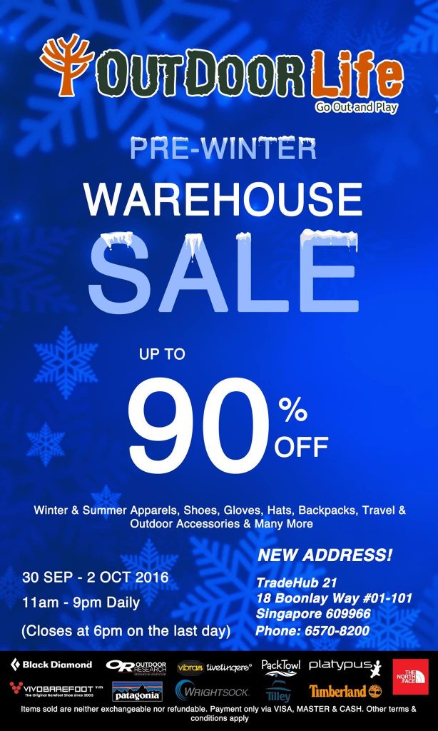 Outdoor Life Singapore Pre-Winter Warehouse Sale 90% Off Promotion 30 Sep to 2 Oct 2016 | Why Not Deals