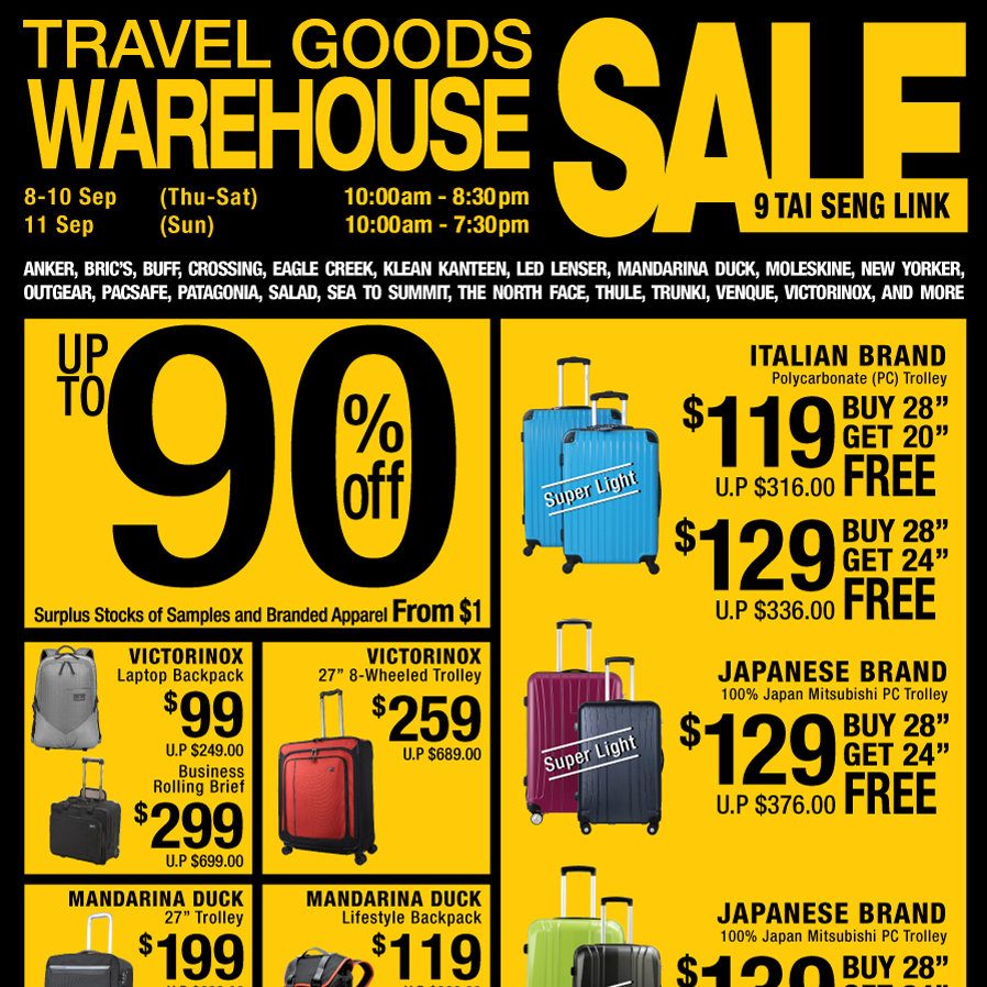 Singapore Travel Goods Warehouse Sale Up to 90% Off Promotion 8 to 11 Sep 2016