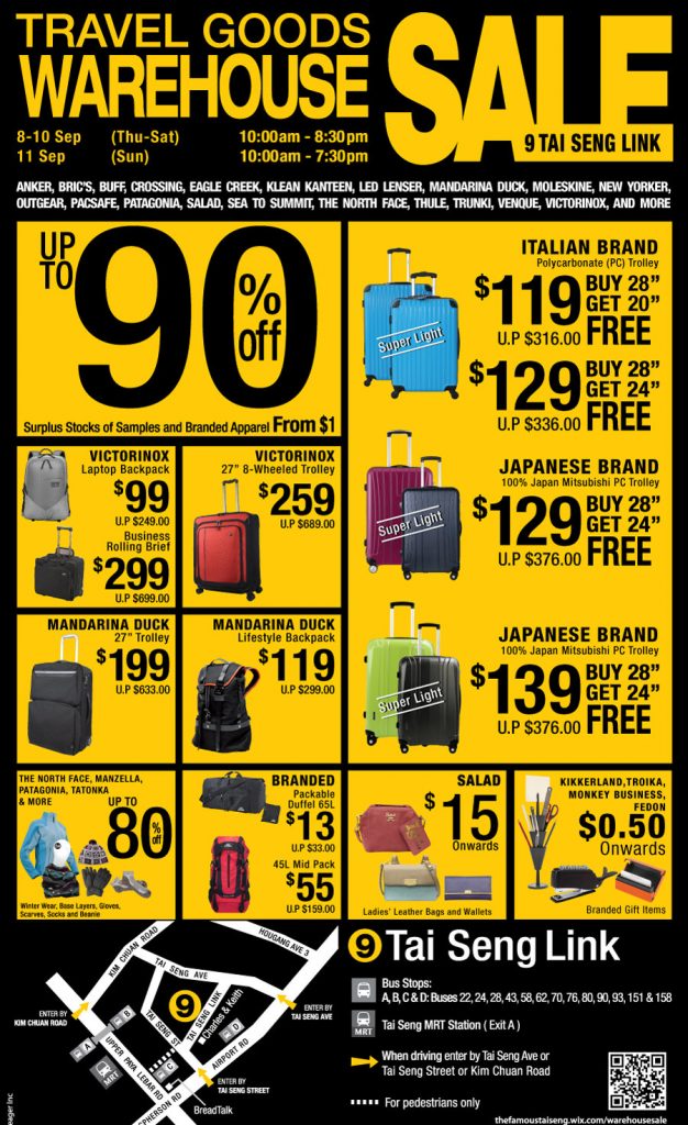 Singapore Travel Goods Warehouse Sale Up to 90% Off Promotion 8 to 11 Sep 2016 | Why Not Deals