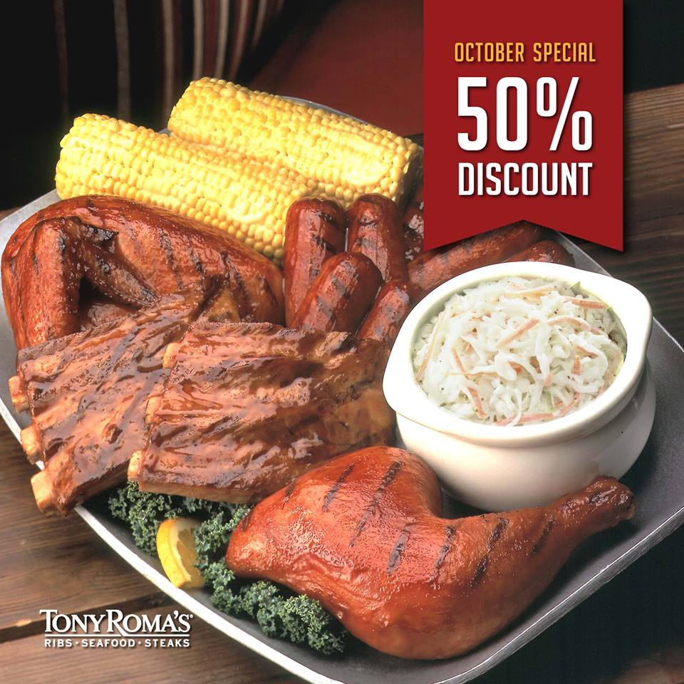 Tony Roma’s Singapore October Special 50% Discount Promotion ends 31 Oct 2016