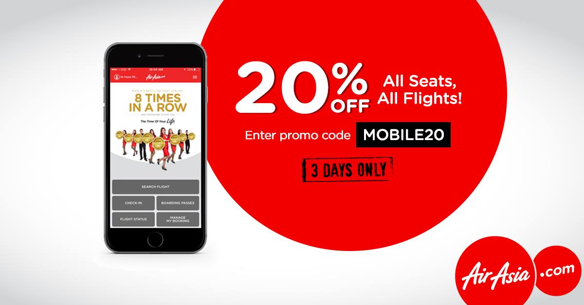 Air Asia Singapore Book from Mobile & Enjoy 20% Off All Seats & Flights Promotion ends 23 Oct 2016