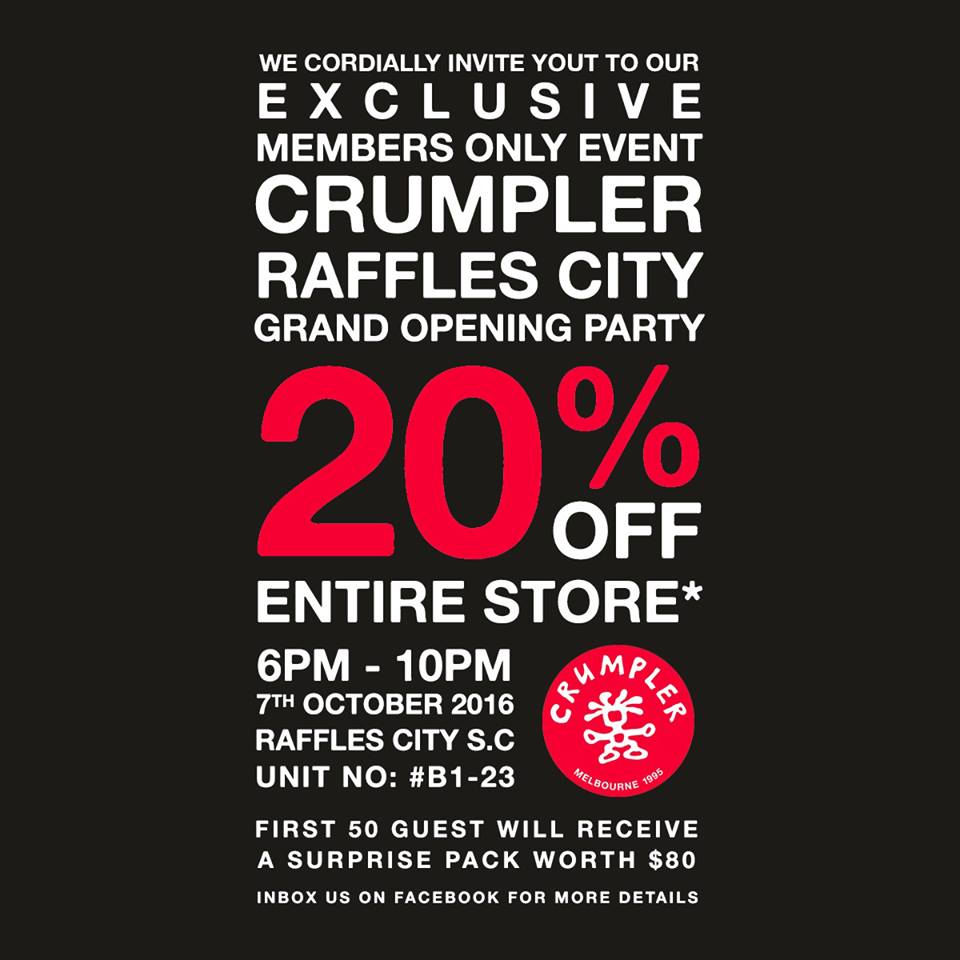 Crumpler Singapore Members Only Grand Opening Party 20% Off Promotion 7 Oct 2016
