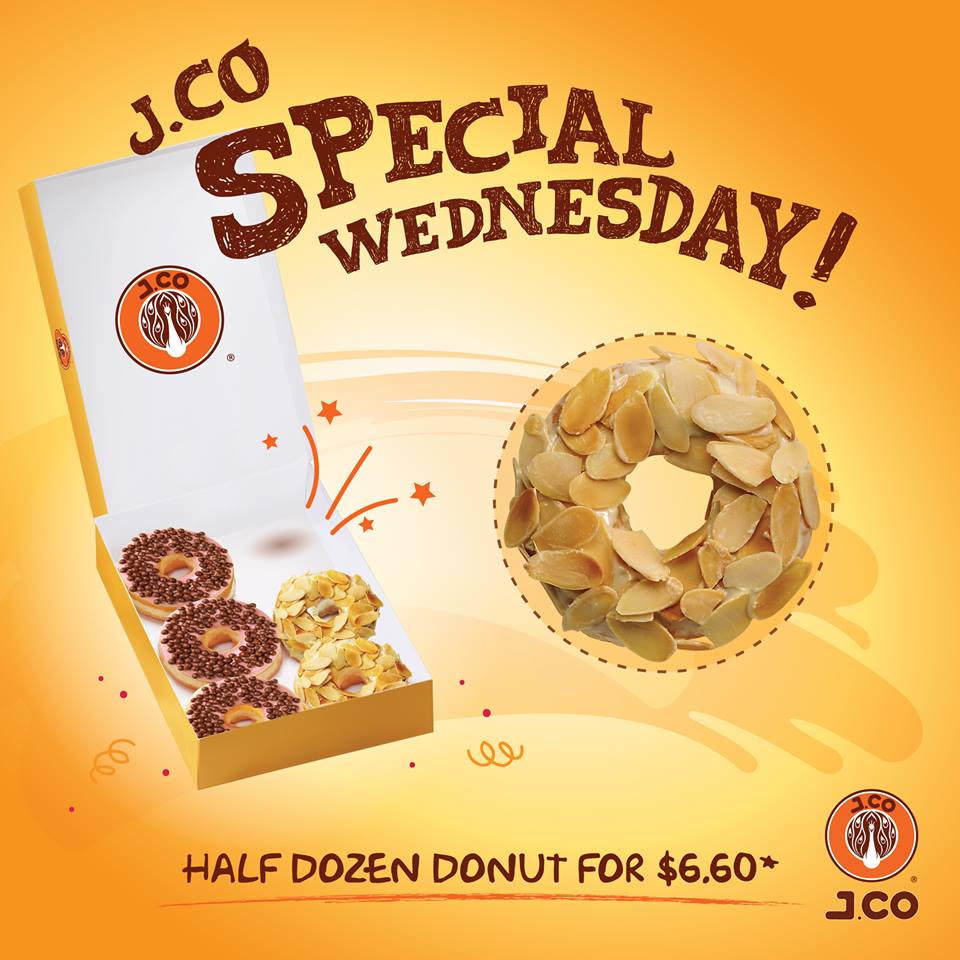 J.CO Donuts & Coffee Singapore Special Wednesday Half Dozen for $6.60 Promotion 12 Oct 2016 | Why Not Deals