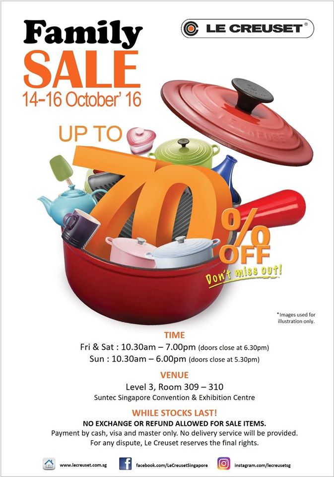 Le Creuset Singapore Family Sale @ Suntec Up to 70% Off Promotion 14-16 Oct 2016 | Why Not Deals