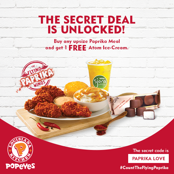 Popeyes Singapore Buy Upsize Paprika Meal & Get 1 FREE Atom Ice-cream Promotion ends 14 Oct 2016 | Why Not Deals