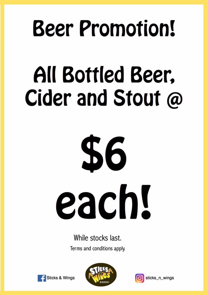 Sticks & Wings Singapore All Bottled Beer, Cider and Stout $6 Each Promotion ends 13 Nov 2016 | Why Not Deals