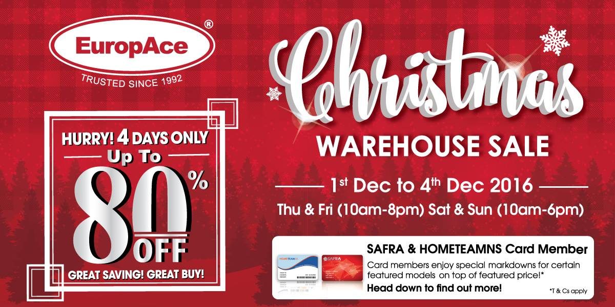 EuropAce Singapore Christmas Warehouse Sale Up to 80% Off Promotion 1-4 Dec 2016