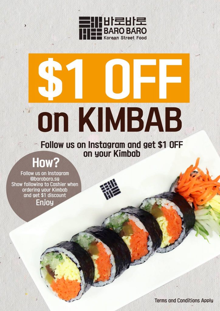 Baro Baro Singapore Follow Them on Instagram & Get $1 Off Kimbab Promotion ends 31 Mar 2017 | Why Not Deals