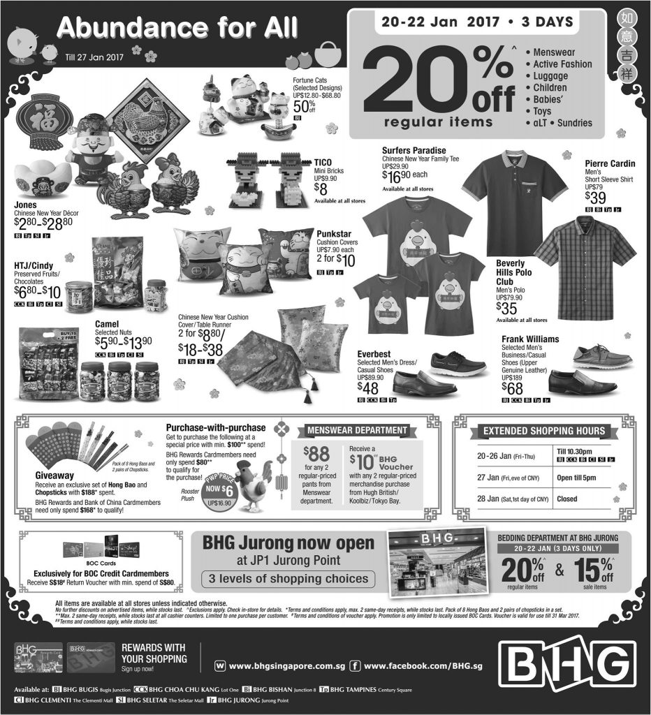 BHG Singapore Chinese New Year Last Minute Purchases Up to 20% Off Promotion 20-22 Jan 2017 | Why Not Deals