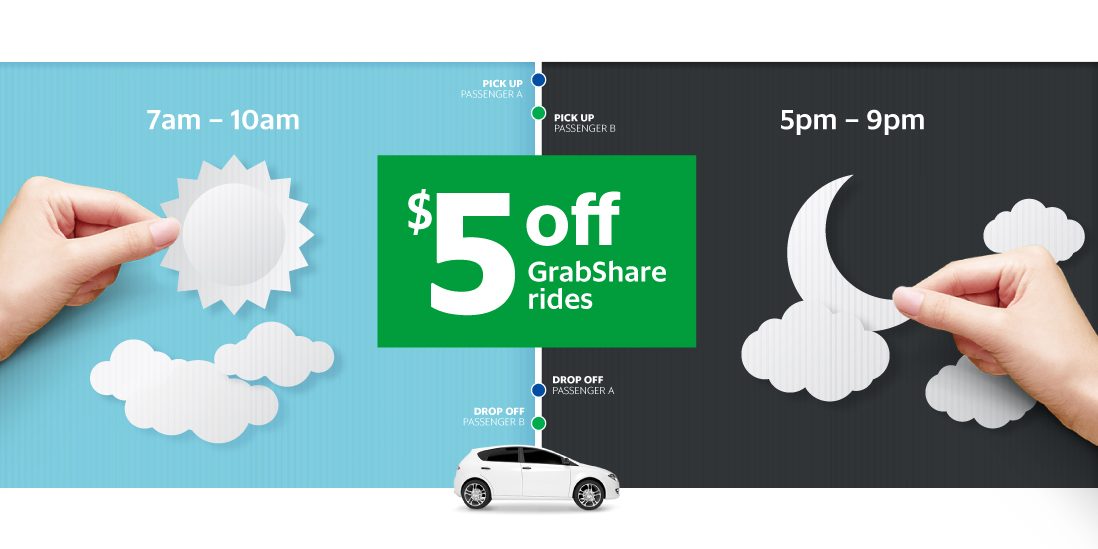 GrabShare Singapore Peak Hours 7am-10am & 5pm-9pm $5 Off Promotion 9-13 Jan 2017