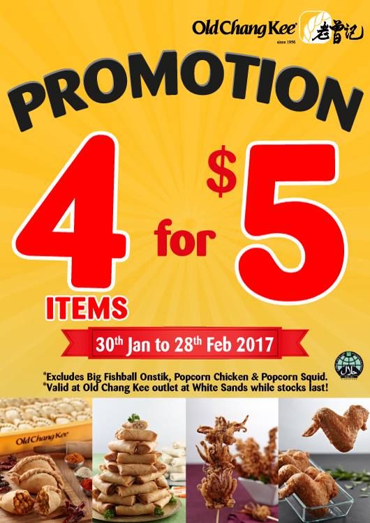 Old Chang Kee Singapore Pasir Ris White Sands 4 for $5 Promotion 30 Jan - 28 Feb 2017 | Why Not Deals