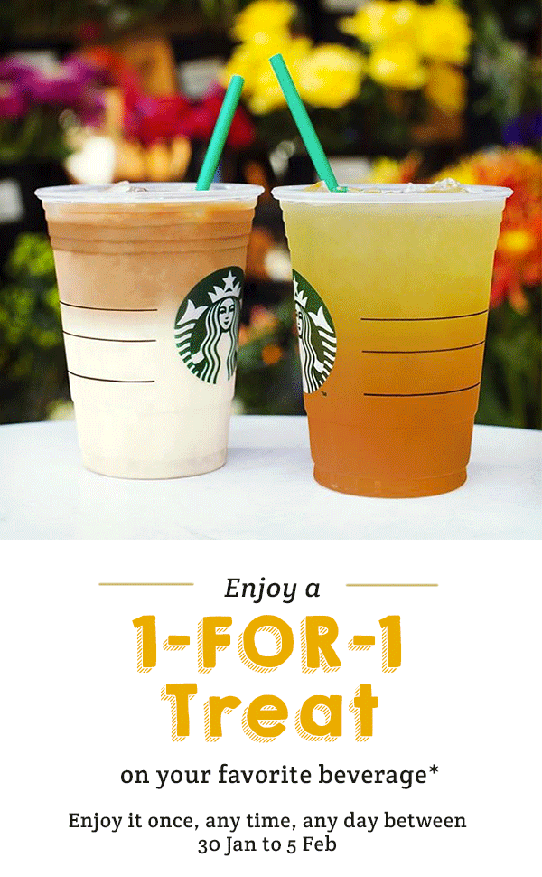 Starbucks Singapore Enjoy a 1-for-1 Treat when you pay with Your Starbucks Card Promotion 30 Jan - 5 Feb 2017 | Why Not Deals