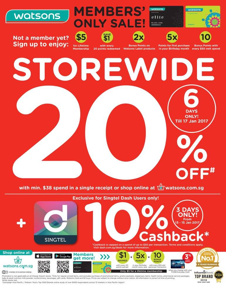 Watsons Singapore Members' Only Sale Up to 20% Off Storewide Promotion ends 17 Jan 2017 | Why Not Deals