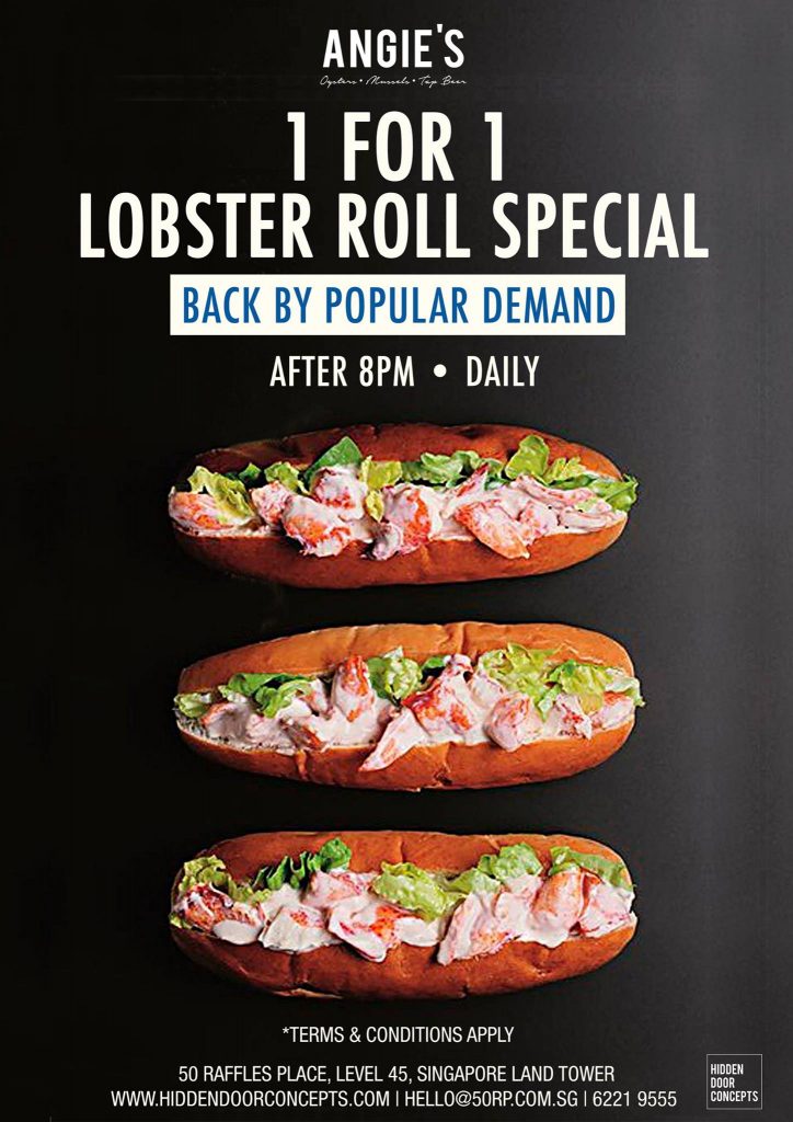 Angie's Oyster Bar Singapore 1-For-1 Lobster Roll Special After 8pm Daily | Why Not Deals