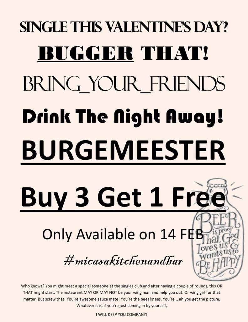 Mi Casa Kitchen & Bar Singapore Single This Valentine's Day Promotion 14 Feb 2017 | Why Not Deals