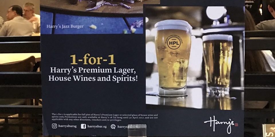 Harry’s Bar Singapore 18 Tai Seng Opening Special 1-for-1 Promotion ends 30 Apr 2017