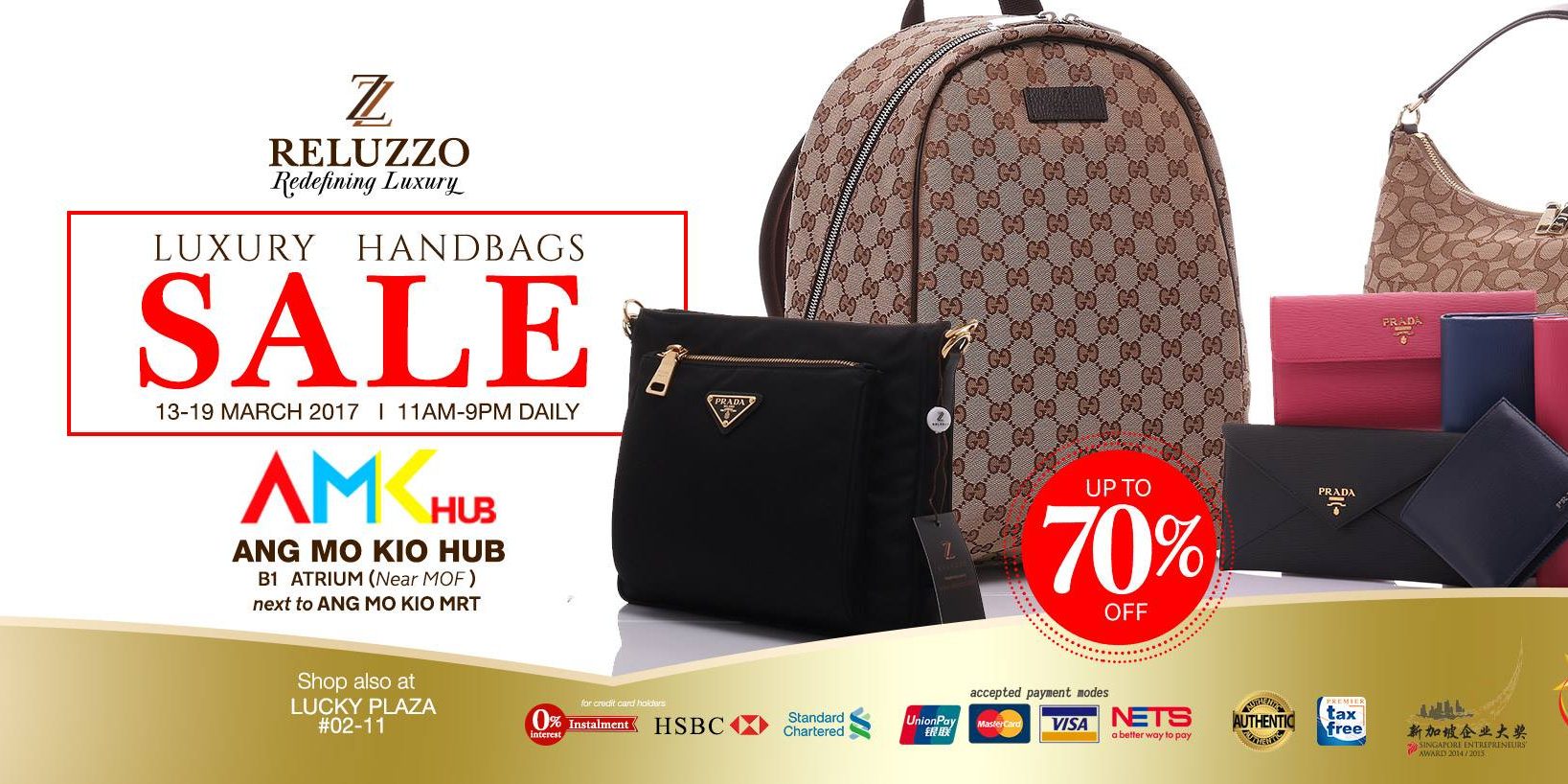 Reluzzo Singapore AMK Hub Luxury Handbag Sale Up to 70% Off Promotion 13-19 Mar 2017