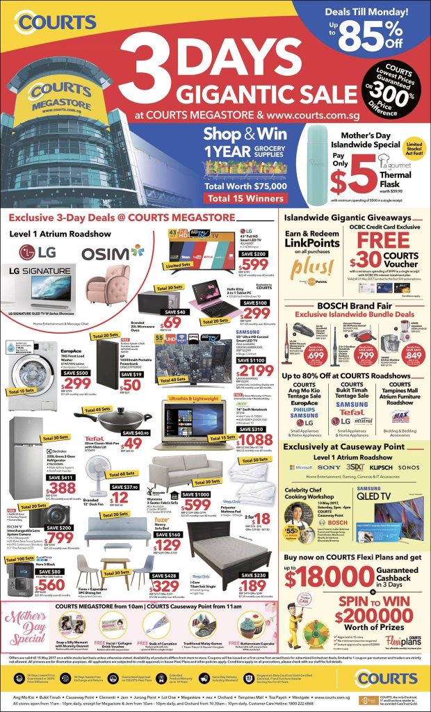Courts Singapore 3-Day Gigantic Sale Up to 85% Off Promotion ends 15 May 2017 | Why Not Deals 2