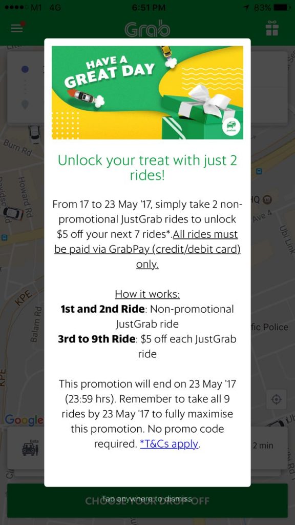 Grab Singapore Take 2 JustGrab Rides & Get $5 Off 7 Rides Promotion 17-23 May 2017 | Why Not Deals