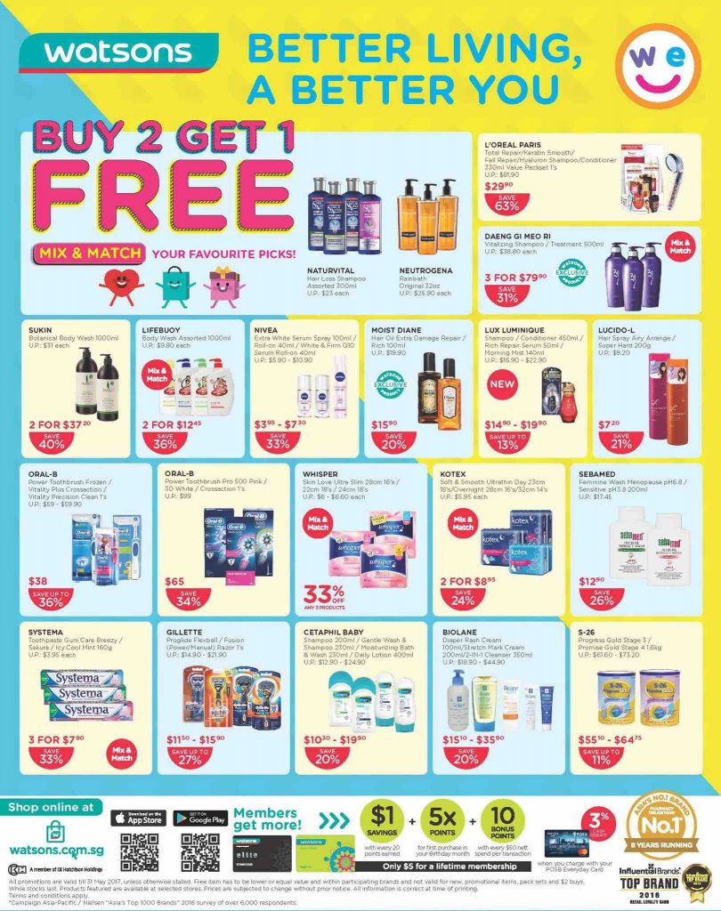 Watsons Singapore MIX & MATCH Enjoy 2nd Buy at 50% Off Promotion ends 31 May 2017 | Why Not Deals 2
