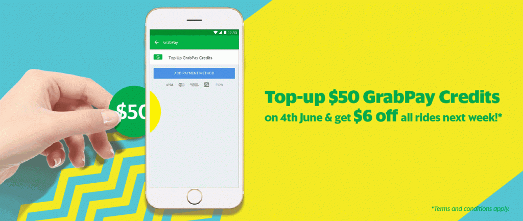 Grab SG Top-up $50 GrabPay Credits & Unlock $6 Off All Rides Promotion 4-11 Jun 2017 | Why Not Deals 1