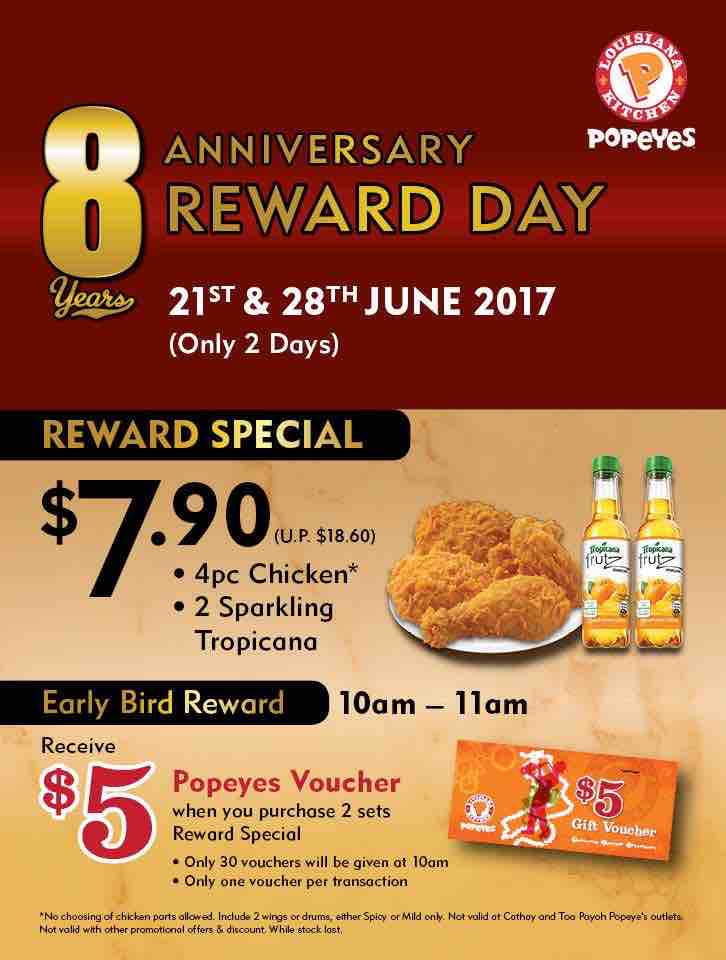 Popeyes singapore 8th Anniversary Reward Day $5 Voucher Promotion 21 & 28 Jun 2017 | Why Not Deals