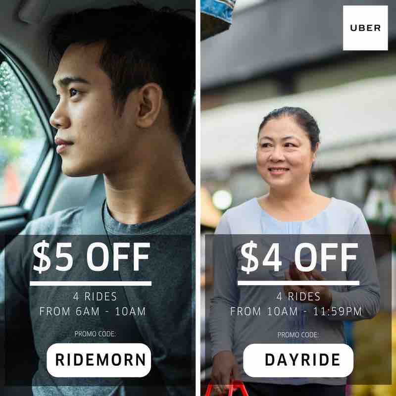 Uber SG $5 Off 4 Rides RIDEMORN & $4 Off 4 Rides DAYRIDE Promo Codes 12-15 Jun 2017 | Why Not Deals