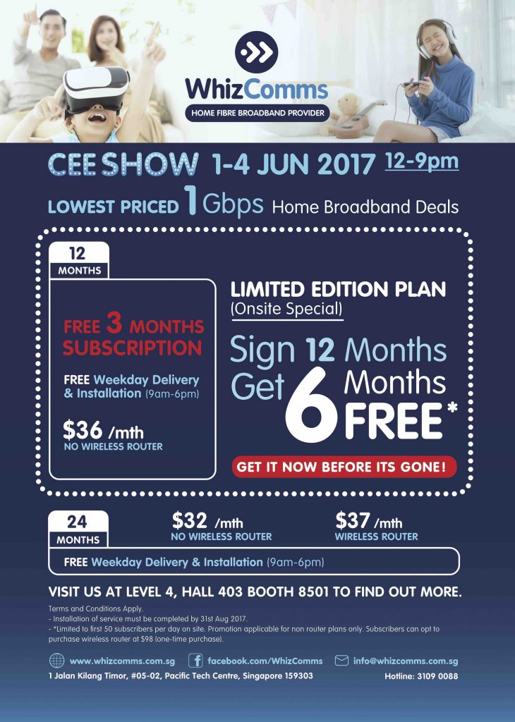 WhizComms Singapore CEE Show FREE 6 Months 1st 50 Customers Promotion 1-4 Jun 2017 | Why Not Deals