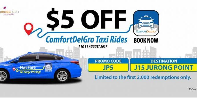ComfortDelGro Taxi Singapore $5 Off Rides from Jurong Point JP5 Promo Code 1-31 Aug 2017