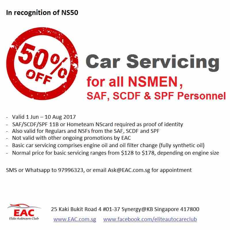 Elite Autocare Club Singapore 50% Off Car Servicing for All NSmen, SAF/SPF/SCDF Personnel Promotion 1 Jun - 10 Aug 2017 | Why Not Deals