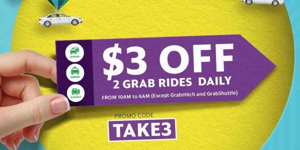 Grab Singapore $3 Off 2 Grab Rides From 10am-6am TAKE3 Promo Code 19-21 Jul 2017