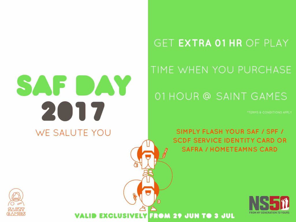 Saint Games Singapore Flash Service Identity Card to Get 1 Hour FREE SAF Day 2017 Promotion 29 Jun - 3 Jul 2017 | Why Not Deals