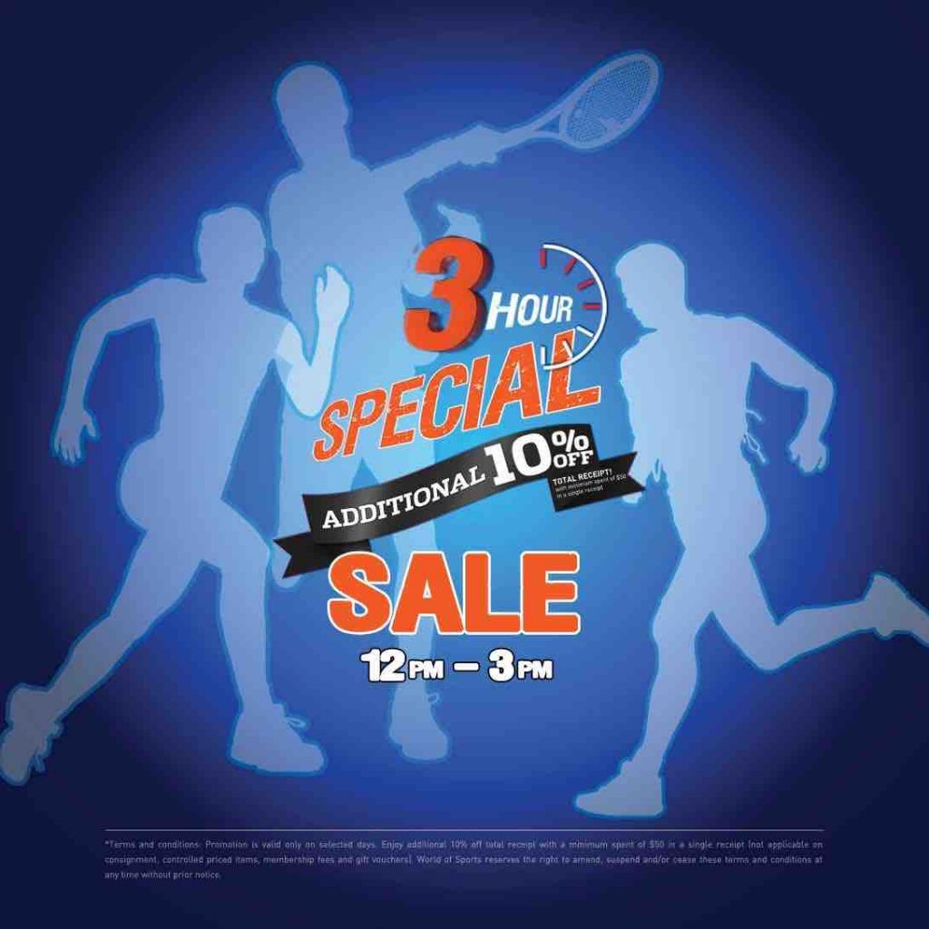 World of Sports Great Singapore Sale 3 Hour Special Sale Additional 10% Off Promotion 17-20 Jul 2017 | Why Not Deals