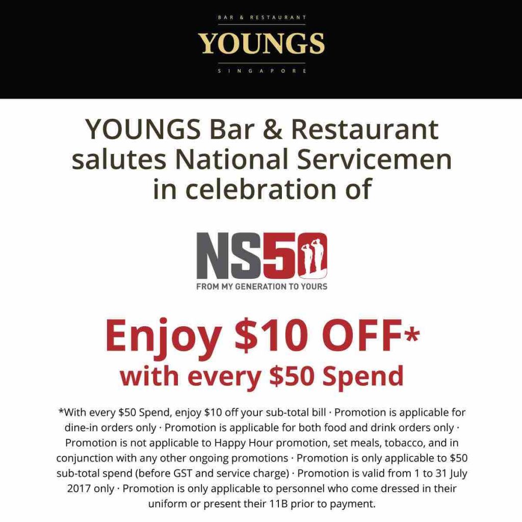 YOUNGS Bar & Restaurant Singapore NS50 Spend $50 & Get $10 Off Promotion 1-31 Jul 2017 | Why Not Deals 1