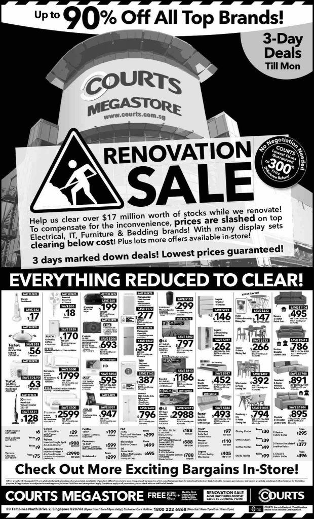 COURTS Singapore Megastore Renovation Sale Up to 90% Off Promotion 19-21 Aug 2017 | Why Not Deals