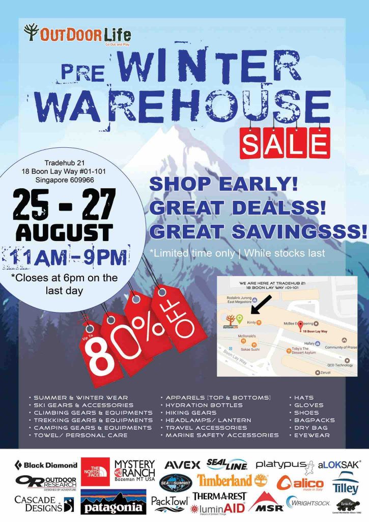 Outdoor Life Singapore Pre Winter Warehouse Sale Up to 80% Off Promotion 25-27 Aug 2017 | Why Not Deals