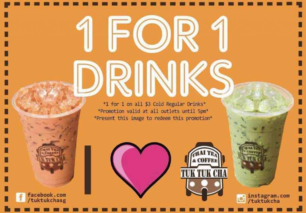Tuk Tuk Cha 1-for-1 on all $3 Regular Drinks Promotion only on 29 Aug 2017 | Why Not Deals